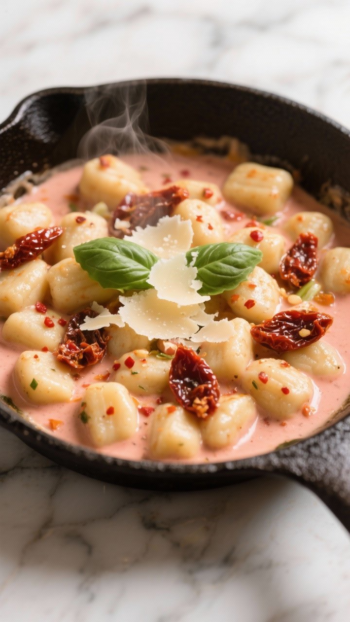Close-up skillet shot of creamy sun-dried tomato gnocchi: pillowy gnocchi coated in a glossy blush sauce made with garlic, chopped sun-dried tomatoes, Italian seasoning, a touch of red pepper flakes, and vegetable broth reduced to a silky creaminess. Parmesan shavings melting on top, torn basil leaves, steam rising. Shot straight-on to emphasize sauce cling and textures, cast-iron skillet on a marble backdrop, warm highlights.