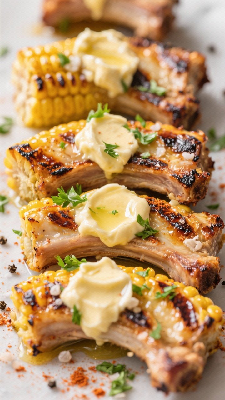 Close-up straight-on of garlic-herb butter corn ribs: quartered ears curled into “ribs,” charred edges, brushed with melted butter whisked with grated garlic and chopped parsley, dusted with smoked paprika, kosher salt, and black pepper; glossy sheen and visible grill-like marks.