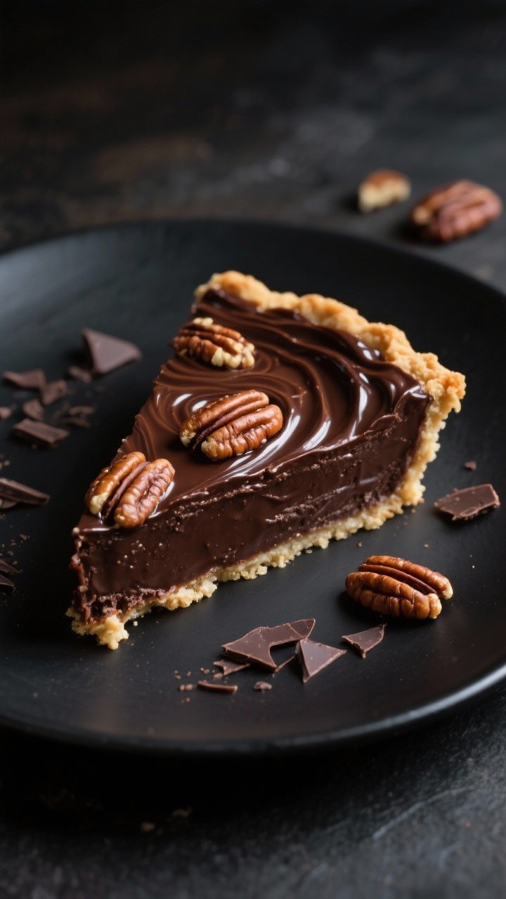 Close-up, straight-on slice of Dark Chocolate Bourbon Pecan Pie that flirts with fudge: a wedge lifted from a 9-inch chocolate crust pie, showing a dense, fudgy dark chocolate layer swirled with pecan halves and glossy bourbon–dark brown sugar–corn syrup filling. Melted sheen from 3 ounces of dark chocolate and 4 tablespoons of butter, toasted pecans peeking through. Set on a matte black plate with chocolate shards and a few toasted pecan halves scattered. Moody lighting to emphasize shine and texture, no people.