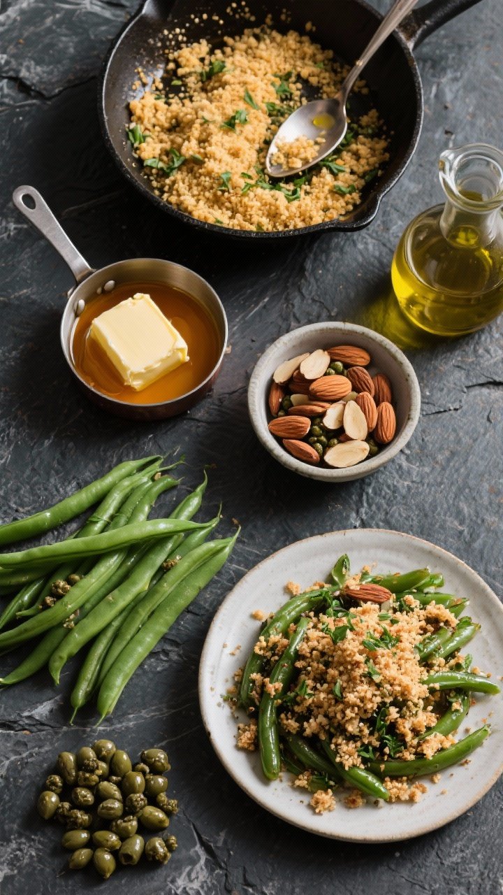 Ingredient-forward prep flat lay: Almondine with Brown Butter, Capers, and Herby Breadcrumb Crunch. Overhead on a dark stone surface: neat piles of trimmed green beans; a pat of unsalted butter beginning to brown in a small saucier (visible amber milk solids); a bowl of toasted sliced almonds; a dish of briny capers; a pan of golden panko tossed with herbs glistening from olive oil (one spoon shows texture); and a small carafe of olive oil. A finished sample portion of beans topped with crunchy herby breadcrumbs sits on a small plate to hint at the final dish. Clean, organized, professional culinary vibe.