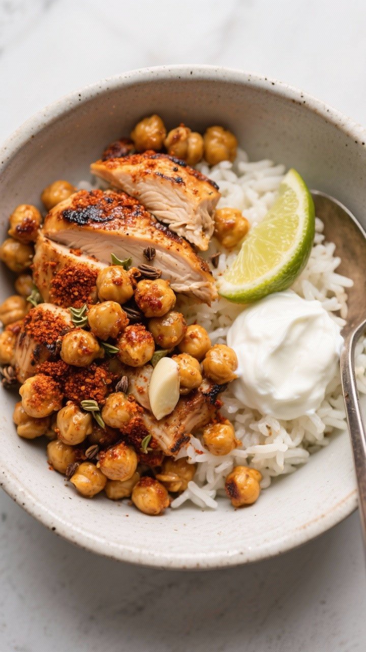 Overhead bowl composition for Smoky Paprika Chickpea and Chicken Bowls: crispy roasted chickpeas and charred chicken thighs rubbed with smoked paprika, cumin, garlic powder, kosher salt; served over fluffy rice with a spoonful of cooling yogurt and lime wedge; warm spices emphasized, matte ceramics.