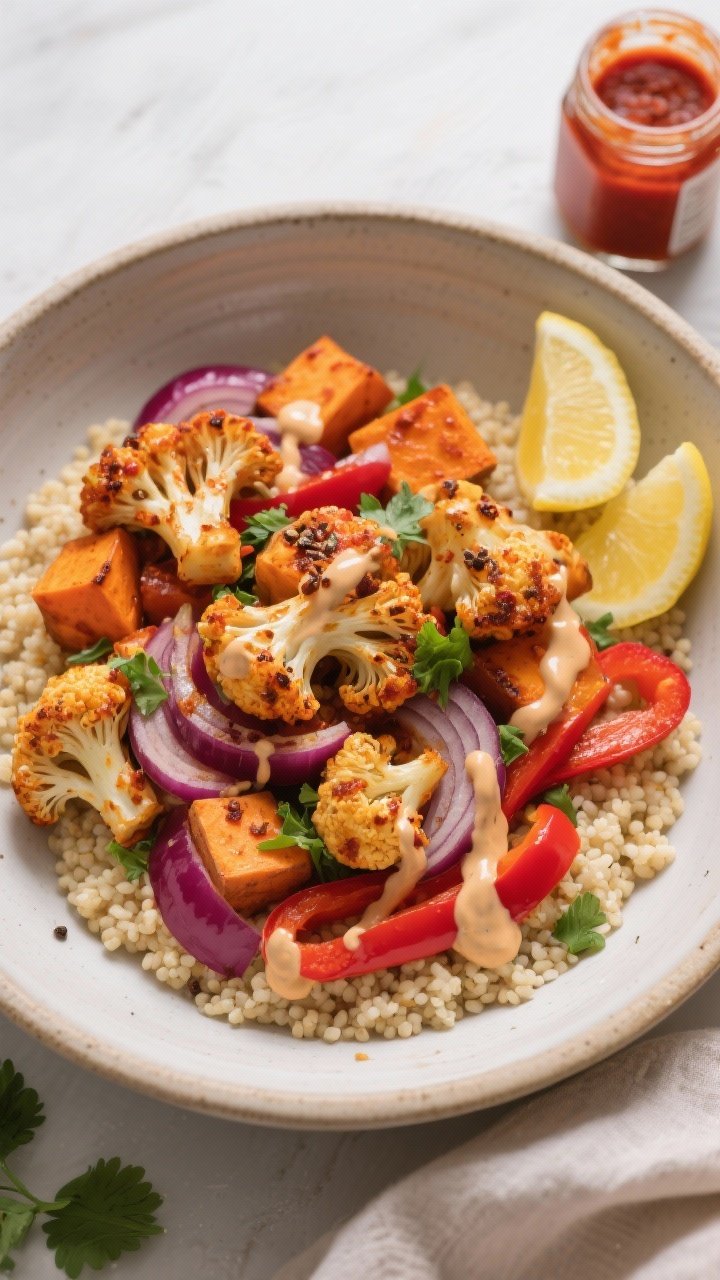 Overhead bowl shot of harissa roasted veggie and couscous bowls: caramelized harissa-coated cauliflower florets, sweet potato cubes, red onion wedges, and red bell pepper strips over fluffy couscous. Drizzled generously with lemon-tahini sauce, sprinkled with cumin and fresh parsley. Lemon wedges and a small jar of harissa nearby, vibrant reds and oranges contrasted against a neutral ceramic bowl, crisp modern styling.