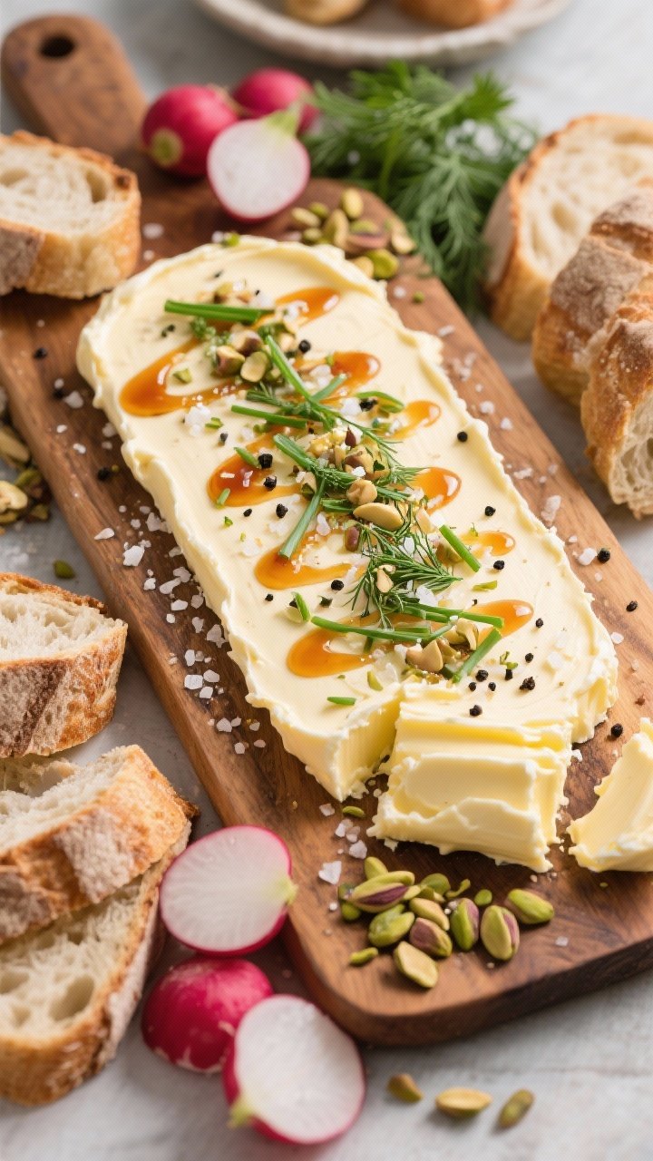 Overhead butter board party spread: softened high-quality unsalted butter swooshed across a wooden board, topped with flaky sea salt, cracked black pepper, drizzles of hot honey, chopped fresh herbs (chives, parsley, dill), and crushed pistachios; surrounded by crusty bread slices and radishes; inviting, communal aesthetic.