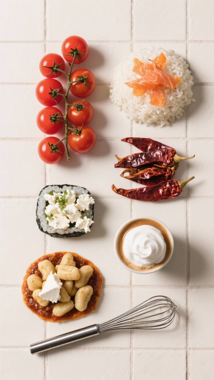 Overhead conclusion-inspired composite ingredients flat lay referencing the article’s viral variety: small arranged clusters showing cherry tomatoes and feta, sushi rice with salmon flakes, dried chiles for birria, gnocchi and mozzarella, and a whisk with whipped coffee foam; clean grid on a neutral backdrop, editorial magazine style, no people.