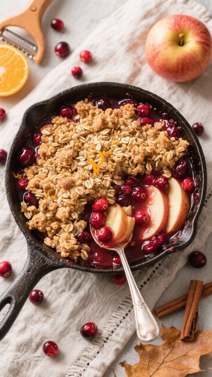 Overhead flat lay of cranberry apple crumble in a cast-iron skillet: ruby cranberries and tender apple slices bubbling under a golden brown sugar oat topping, hints of cinnamon and orange zest visible, a serving spoon revealing the juicy, thickened filling with cornstarch gloss; set on a linen with scattered fresh cranberries, an orange zester, and a Honeycrisp apple, warm cozy autumn mood.
