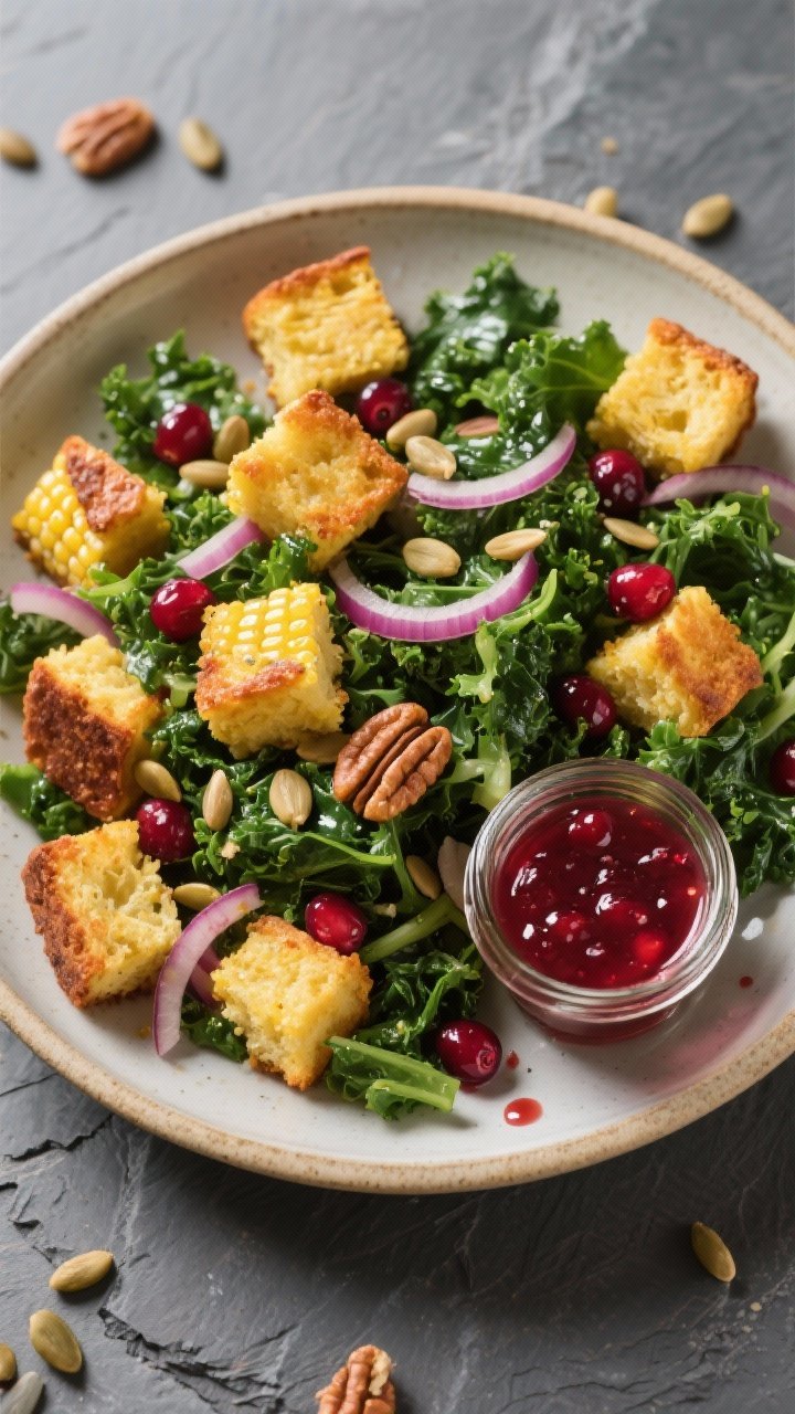 Overhead flat lay of toasted cornbread and kale salad with cranberry vinaigrette: chunky golden cornbread cubes toasted to crisp edges, finely chopped kale massaged and glossy, thinly sliced red onion curls, toasted pepitas or pecans; a small jar of vivid cranberry vinaigrette with drips on the plate; served in a shallow ceramic bowl on a slate surface, bright and crunchy.
