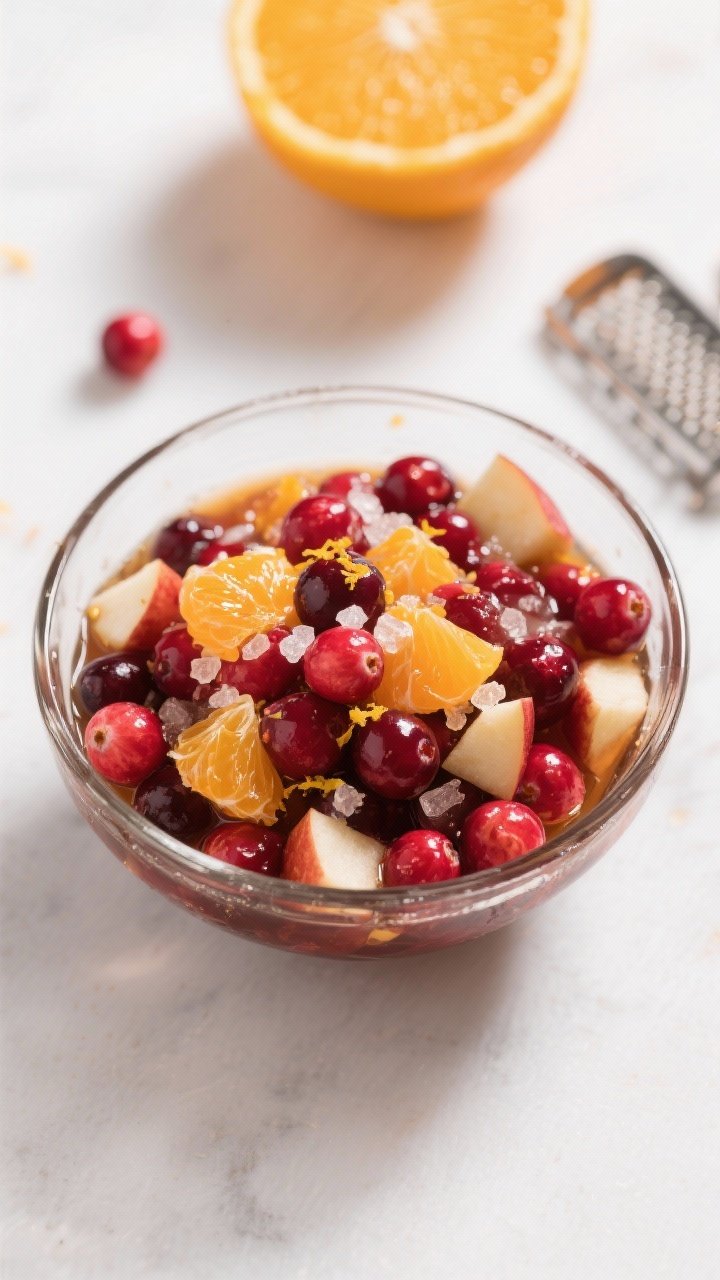 Overhead glass bowl of cranberry-orange relish: gem-like fresh cranberries chopped with orange supremes and zest, bits of red apple, sugar crystals dissolving, and a sheen from honey/maple syrup; vibrant ruby and citrus tones, a zester and orange half nearby, bright natural light for freshness.