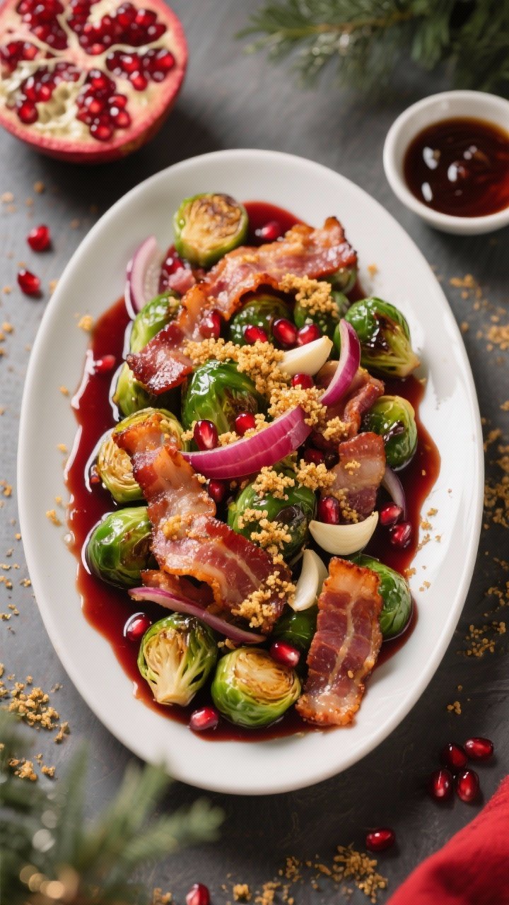 Overhead holiday platter presentation: a large oval platter with glossy Brussels sprouts and chunky lardons of thick-cut bacon, intertwined with soft ribbons of thinly sliced red onion and bits of sautéed garlic; a deep ruby balsamic-pomegranate glaze drizzled artistically across, pooling in places; sprinkled with golden herbed breadcrumbs for crunch; festive garnishes like scattered pomegranate arils and a small dish of extra glaze to the side; elegant styling, high-end restaurant look, vibrant greens, reds, and bronzed crumbs under soft daylight.