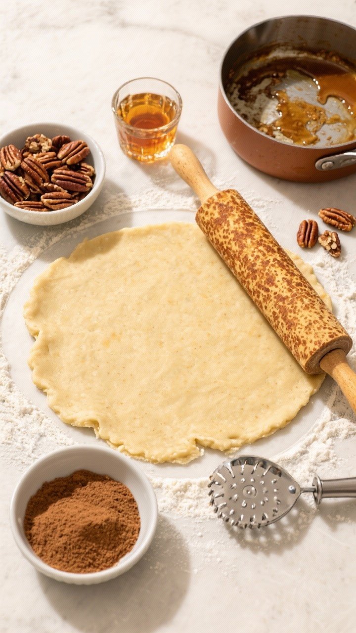 Overhead ingredient-and-prep flat lay for Maple–Bourbon Brown Sugar Pecan Pie with Toasted Butter Crust: a rolling pin and golden, speckled toasted-butter pie dough disk on a lightly floured surface; bowls of pecan halves, dark brown sugar, pure maple syrup, and a small glass of bourbon. A browned butter saucepan set to the side with a nutty residue, pastry crimping tool nearby. Warm, bright light to accentuate amber tones and buttery textures, clean editorial styling, no people.