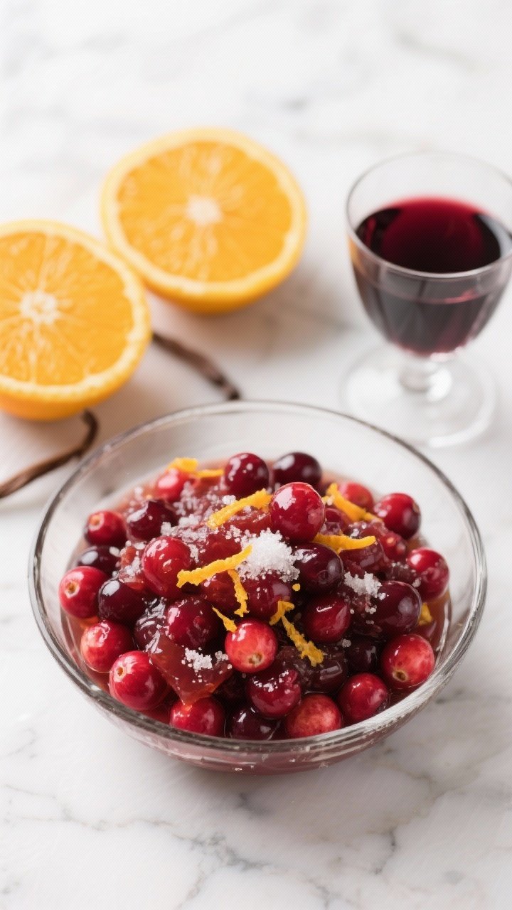 Overhead ingredient-to-finish shot of cranberry-orange relish in a glass bowl: glistening cranberries studded with orange zest, balanced sweetness from sugar, a hint of Pinot Noir giving a deep ruby hue, and a whisper of vanilla; orange halves and a small glass of red wine nearby; clean marble background, bright light to make the colors pop.