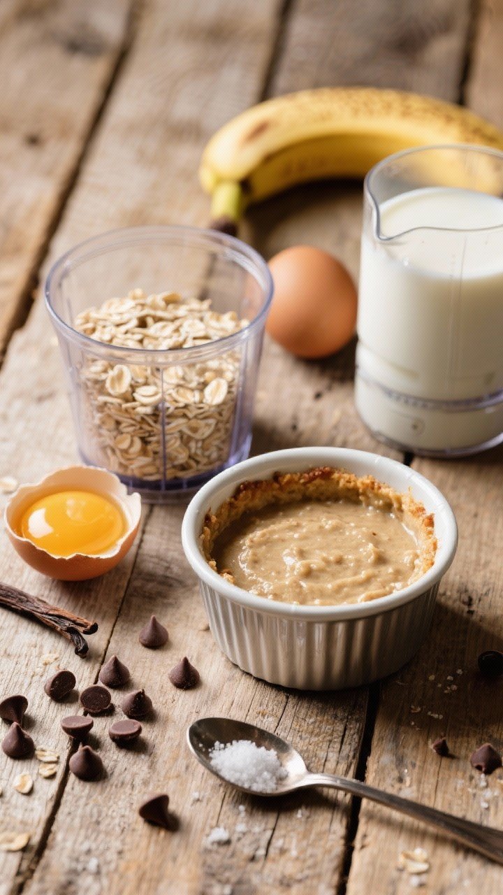 Overhead ingredients-to-oven scene for baked oats that taste like cake: a small blender cup with old-fashioned oats, half a banana, egg, milk, maple syrup, baking powder, vanilla, and a pinch of salt, next to a greased ramekin partly filled with the blended batter; scattered chocolate chips and a spoon, rustic wooden backdrop, cozy brunch mood.