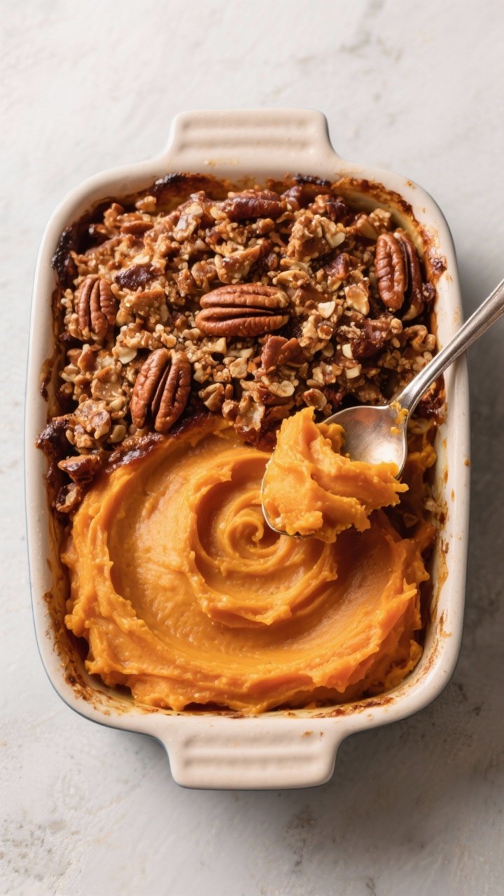 Overhead plated shot of sweet potato casserole in a ceramic baking dish: velvety mashed sweet potatoes swirled and baked, crowned with a thick brown sugar–pecan crunch topping that’s deeply caramelized and craggy; hints of maple syrup glaze, a serving spoon revealing creamy interior, warm cinnamon-orange palette.