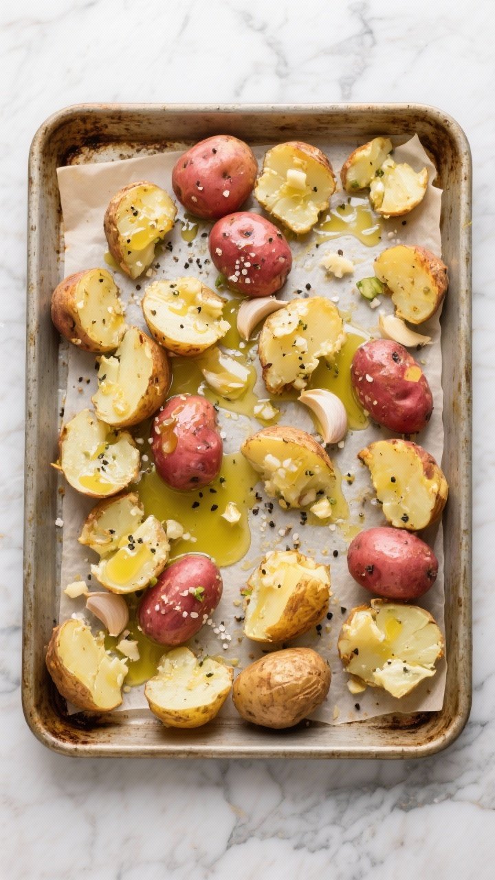 Overhead process shot of garlicky smashed potatoes: baby gold and red potatoes par-boiled and smashed on a parchment-lined sheet pan, edges craggy; brushed with a mix of olive oil, melted butter, minced garlic, kosher salt, and black pepper; extra drizzle of oil pooling slightly; some potatoes already crisped golden, others mid-roast; rustic baking sheet on a marble counter.