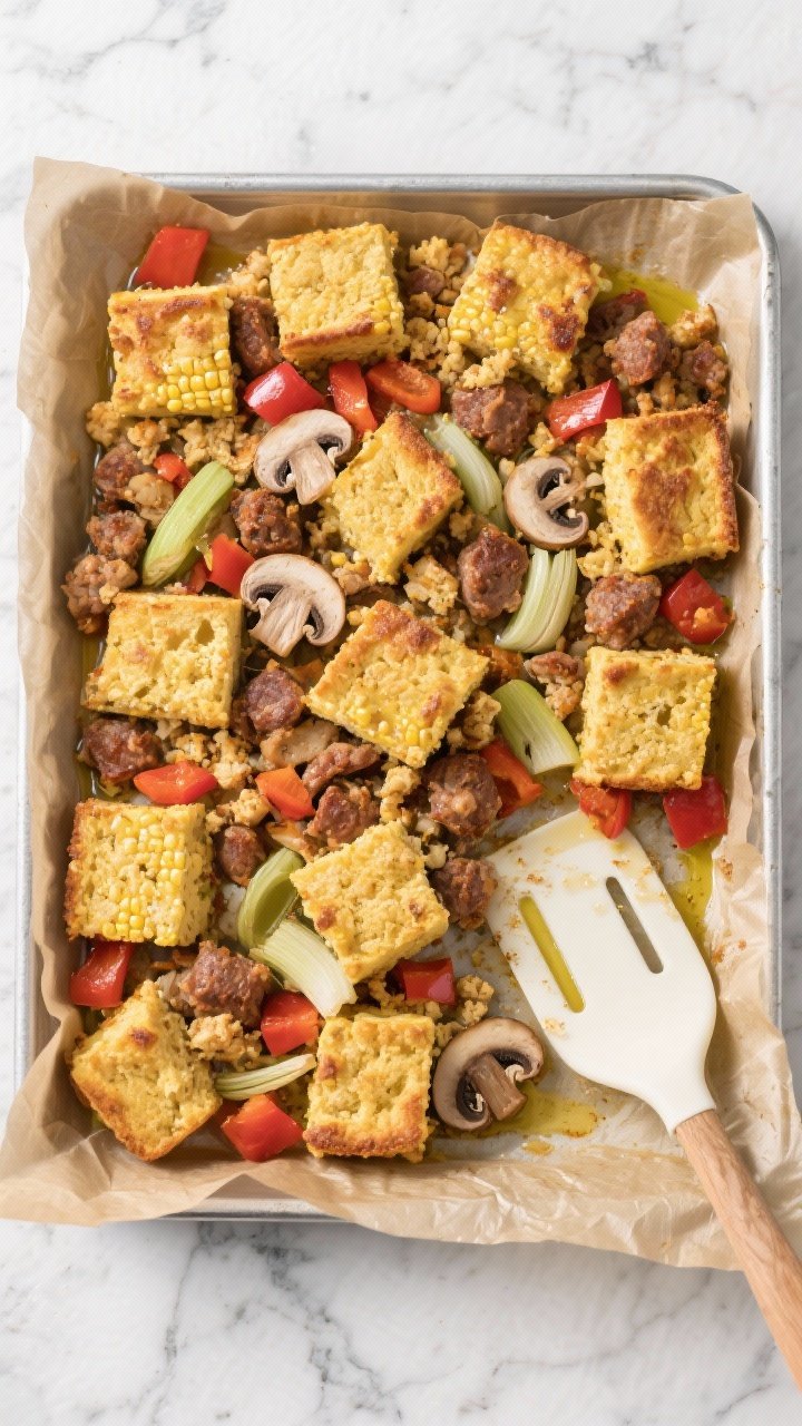 Overhead sheet-pan scene of a weeknight cornbread stuffing: a rimmed metal pan filled edge-to-edge with 10 cups cornbread cubes, crumbled Italian sausage (sweet or hot) browned in scattered clusters, sliced mushrooms, thin leeks, and bright red bell pepper dice; glossed with divided olive oil for even roasting, edges crisp and caramelized; a silicone spatula parked at one corner, parchment slightly wrinkled, roasted fond visible, photographed on a cool marble surface to contrast the warm, richly browned ingredients.