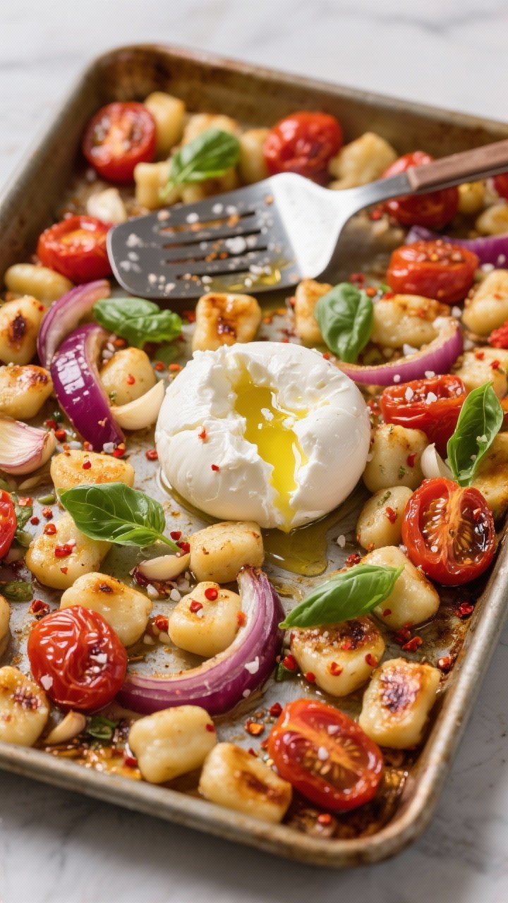 Overhead sheet-pan scene of Margherita-ish gnocchi with burrata: roasted shelf-stable gnocchi with blistered cherry tomatoes, red onion wedges, minced garlic, and flecks of Italian seasoning and red pepper flakes, glistening with olive oil. A torn ball of creamy burrata placed on top, olive oil drizzle and sea salt flakes. Fresh basil scattered, served right on the pan with a metal spatula for casual presentation.
