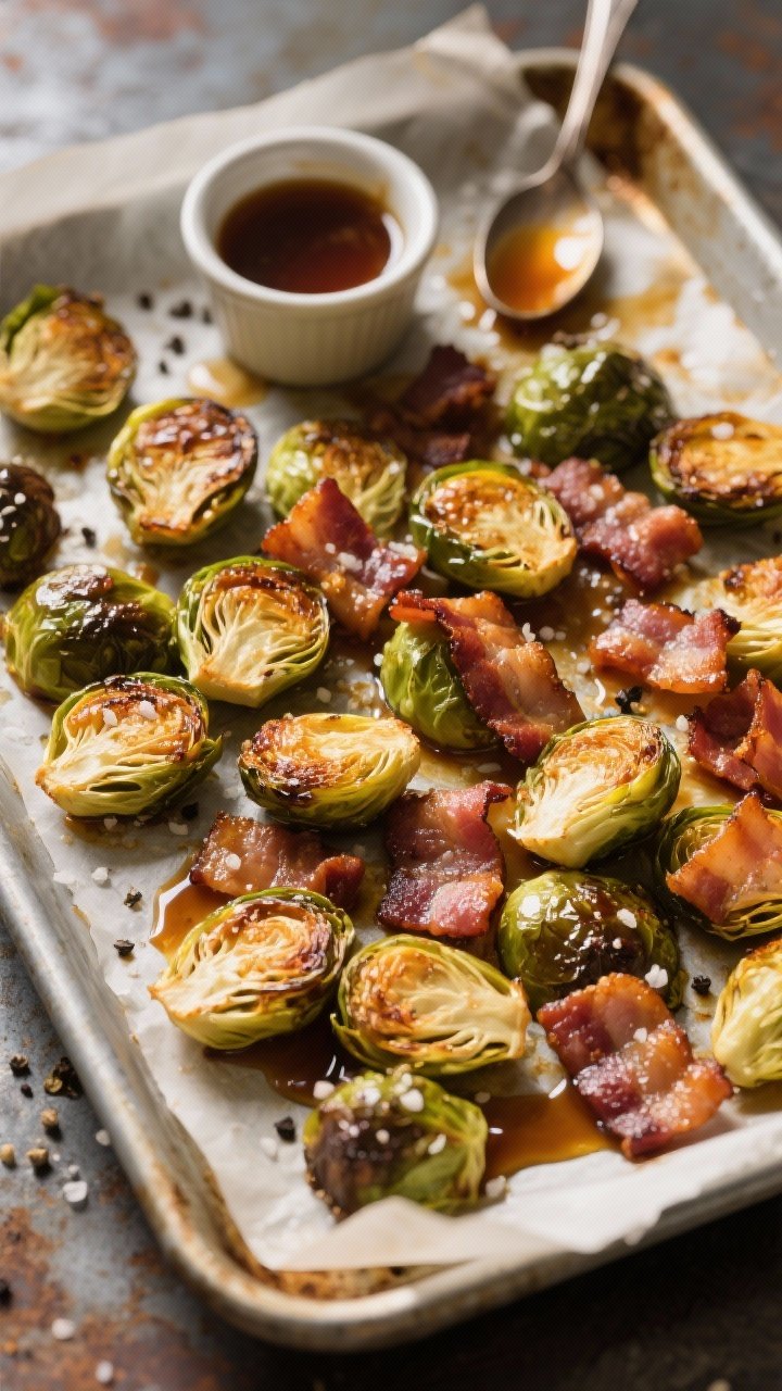 Overhead sheet-pan shot: a parchment-lined rimmed baking sheet filled with halved Brussels sprouts and 1/2-inch pieces of thick-cut bacon, roasted until the sprouts are blistered and deeply caramelized with crispy edges and the bacon is crackling and golden; a glossy maple-balsamic drizzle glistens over the pan, with visible coarse kosher salt and cracked black pepper; olive oil sheen catches the light; styled on a rustic metal surface with a small ramekin of the maple-balsamic reduction and a spoon with drips; no people, warm, golden oven-roast mood, professional food photography.