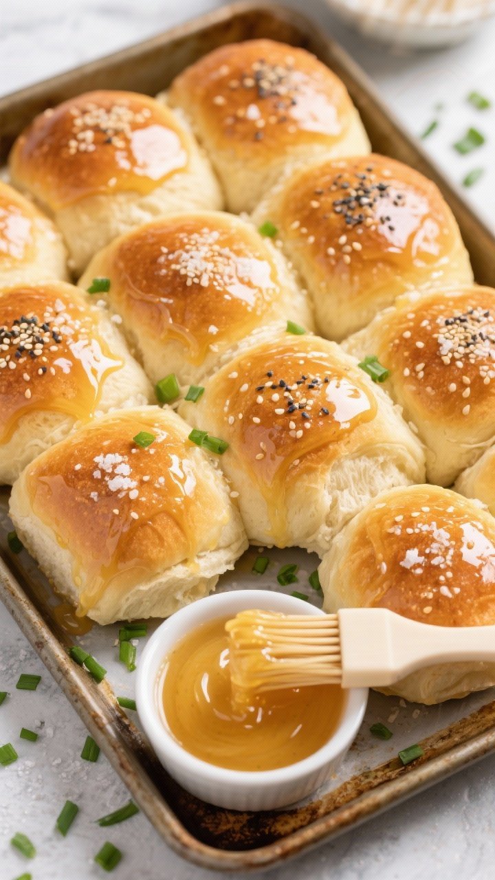 Overhead shot of 15-minute honey butter rolls on a baking sheet: glossy, golden soft dinner rolls brushed with melted butter mixed with honey, a sprinkle of flaky salt sparkling, some topped with sesame or poppy seeds; chopped chives scattered around; a small bowl of extra honey butter with a pastry brush resting; inviting, fluffy texture.