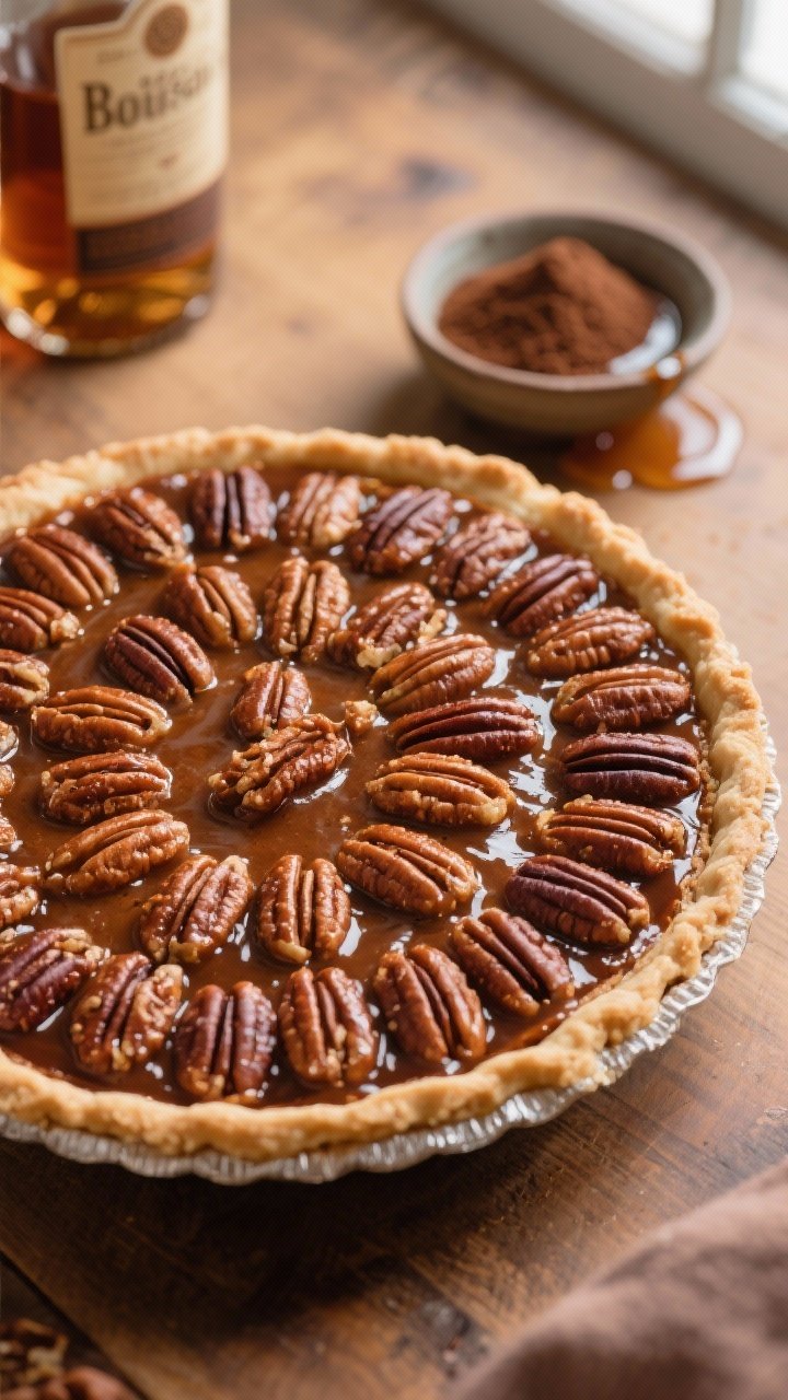 Overhead shot of a Classic Bourbon–Brown Sugar Pecan Pie just out of the oven: glossy, deeply caramelized pecan halves arranged in concentric circles, set in a chilled 9-inch flaky pie crust. Visible gooey filling made from dark brown sugar, light corn syrup, and pure maple syrup, with a hint of bourbon sheen. Styled on a warm wood surface with a bottle of bourbon blurred in the background, a small bowl of dark brown sugar, and a drizzle trail of maple syrup. Natural window light, crisp focus on the crackly pecan surface, no people.