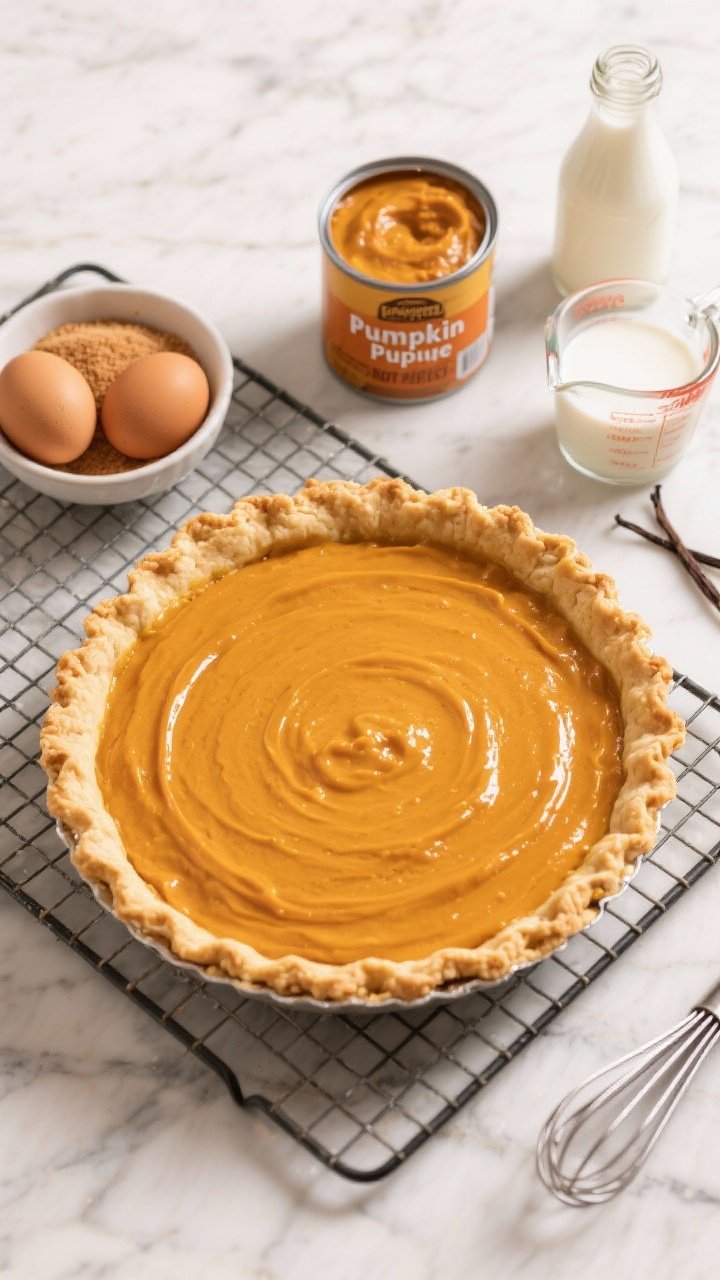 Overhead shot of a classic pumpkin pie cooling on a wire rack, set on a marble surface. The 9-inch chilled pie crust is golden and crimped, filled with silky pumpkin puree custard made with light brown sugar, 2 large eggs, evaporated milk, and vanilla. A small bowl of packed light brown sugar, a can labeled pumpkin puree (not pie filling), and a measuring cup with evaporated milk sit to the side, with a vanilla bottle and whisk for context. Warm autumn tones, clean styling, no people, professional lighting emphasizing the glossy set of the custard.