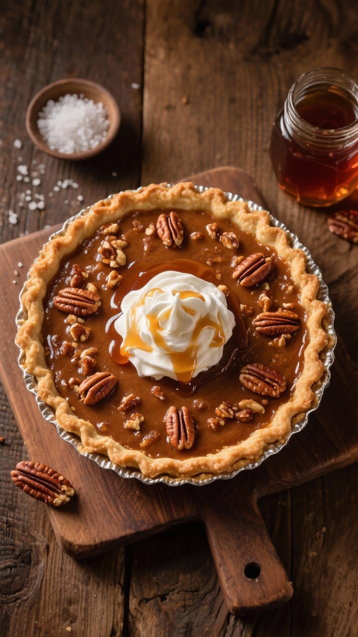 Overhead shot of a freshly baked brown butter maple pecan pie in a 9-inch fluted crust, glossy maple-brown sugar filling studded with toasted pecans, a dramatic dollop of vanilla bourbon whipped cream on top, maple syrup drips on the side of the pie tin, warm brown and amber tones, set on a rustic wooden table with a small bowl of flaky sea salt and a jar of pure maple syrup; professional soft side lighting highlighting the buttery sheen.
