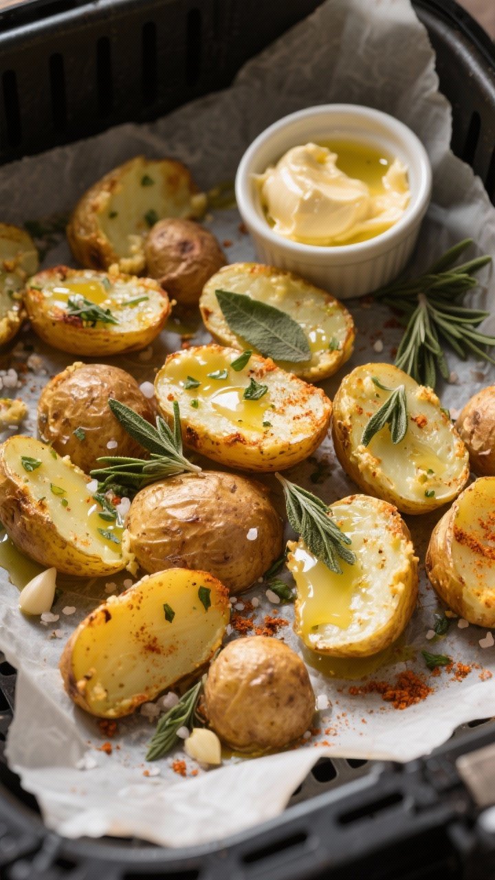 Overhead shot of crispy sage-butter smashed baby Yukon gold potatoes on a parchment-lined air fryer basket: flattened golden edges, glistening with melted unsalted butter and olive oil, flecks of finely chopped fresh sage, dusting of garlic powder and smoked paprika, coarse kosher salt crystals visible; warm, moody lighting with a ramekin of extra sage butter and scattered sage leaves.