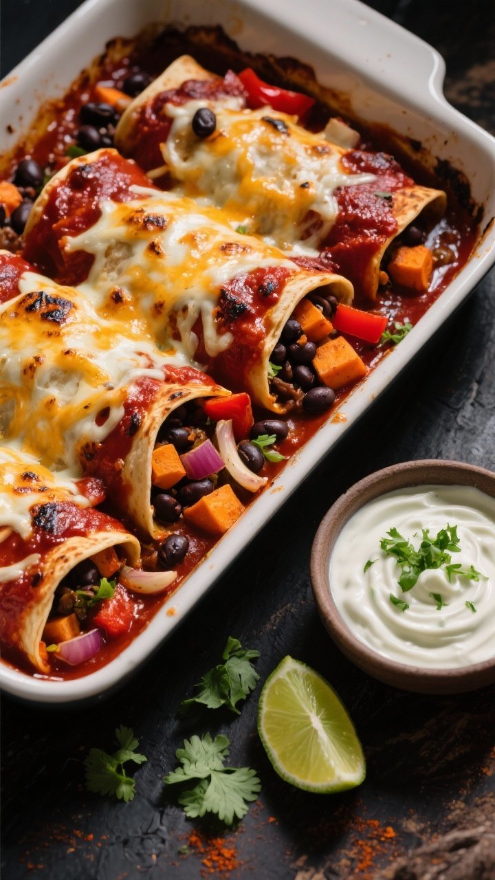 Overhead shot of smoky chipotle black bean enchiladas fresh from the oven: corn tortillas rolled and nestled in a baking dish, smothered in deep red chipotle sauce, topped with melted cheese and charred edges; filled with sautéed black beans, diced sweet potato, red bell pepper, red onion, and garlic seasoned with cumin and smoked paprika. A small bowl of creamy lime crema with lime zest swirl on the side, sprinkled chopped cilantro and lime wedges scattered on a dark rustic surface, dramatic side light, no people.