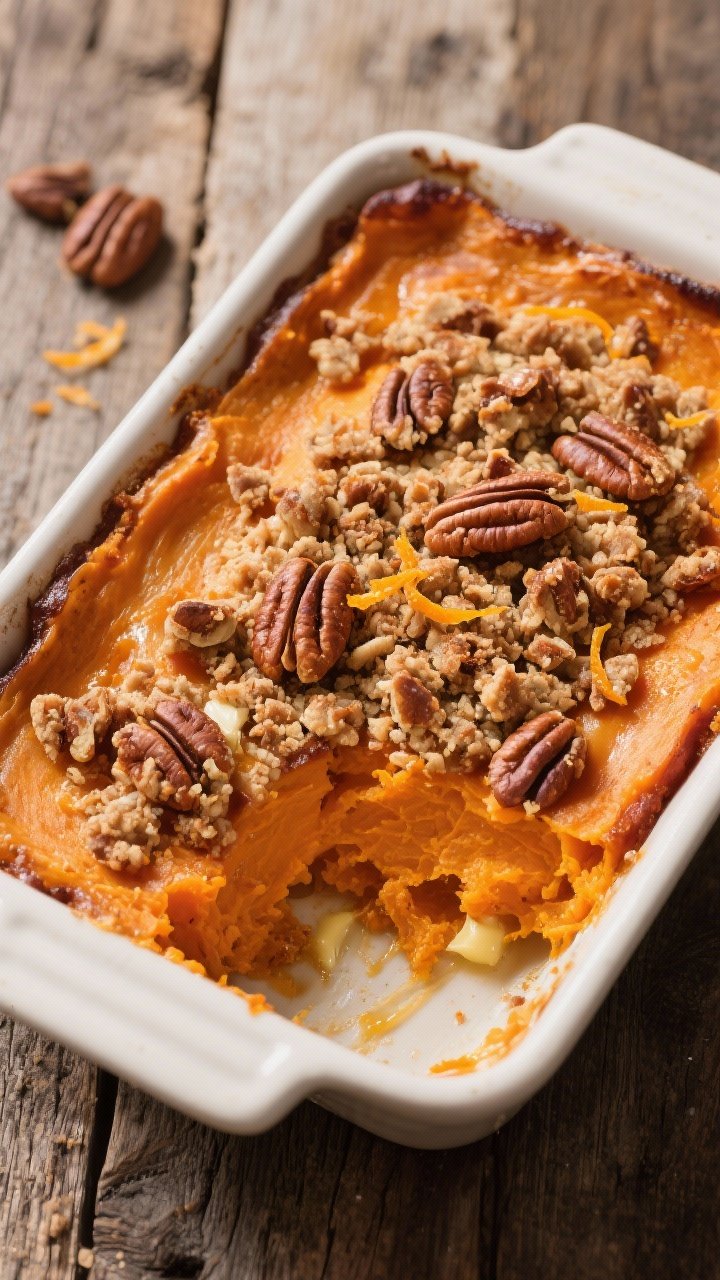 Overhead shot of sweet potato casserole in a rectangular baking dish: smooth, vibrant orange sweet potato base with subtle sheen of butter, topped with a chunky pecan streusel browned at the edges; hints of brown sugar and maple syrup caramelization, specks of orange zest on top; corner scooped out to reveal fluffy interior; placed on a rustic wooden table.