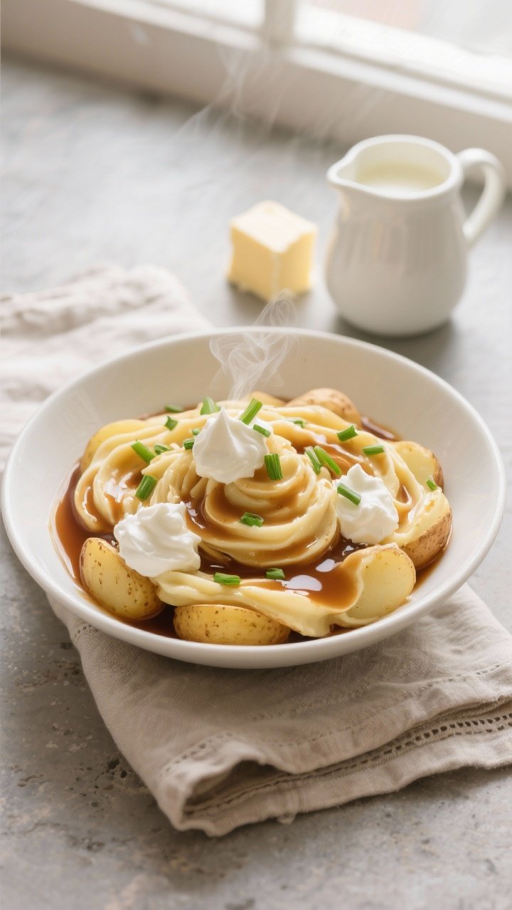 Overhead shot of ultra-creamy brown butter whipped Yukon Gold potatoes swirled in a wide white bowl, glossy pools of brown butter on top, dollops of crème fraîche, finely snipped chives scattered, steam visible; warm milk jug and a knob of unsalted butter alongside, set on a matte stone surface with a linen napkin; soft natural window light, shallow depth to emphasize silky texture.