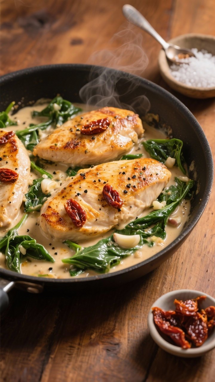 Overhead skillet shot of Creamy Tuscan Chicken: golden-seared chicken breast cutlets in a silky cream sauce with sun-dried tomatoes, wilted spinach, minced garlic, and Italian seasoning, black pepper visible, finished with a glossy olive oil sheen; set on a warm-toned wooden surface with a small bowl of flaky kosher salt and a spoon of sun-dried tomatoes on the side; mood: cozy fall Italian, steam rising, professional studio lighting.