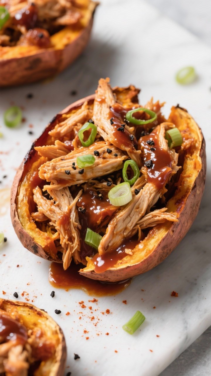 Overhead split-open BBQ Pulled Chicken Stuffed Sweet Potatoes: roasted sweet potatoes piled high with saucy shredded chicken made with BBQ sauce, chicken broth, smoked paprika, and garlic powder; a drizzle of extra BBQ, scallions on top; black pepper dusting; casual, hearty composition.