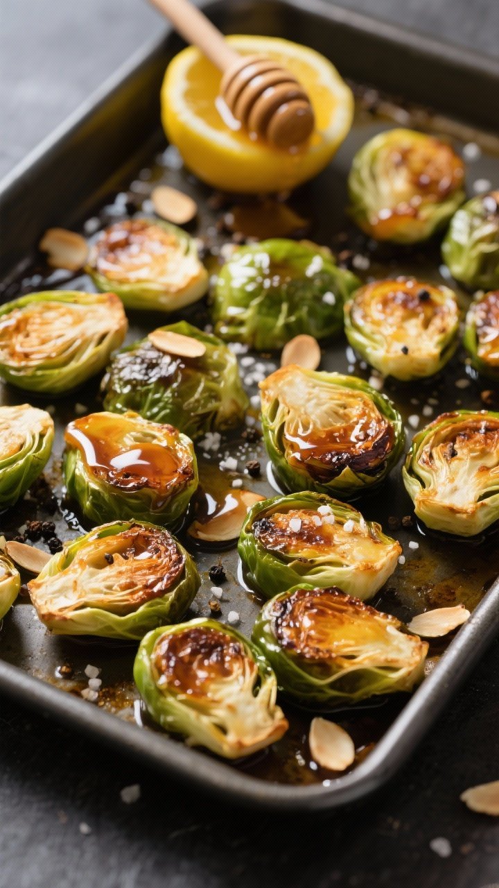 Overhead tray shot of roasted Brussels sprouts: halved sprouts with deeply caramelized edges, glistening in olive oil, seasoned with kosher salt and black pepper; glossy drizzle of hot honey and a squeeze of lemon, sprinkled with toasted almond slivers; lemon half and honey dipper nearby; photographed on dark sheet pan for contrast with vibrant greens and golden browns.