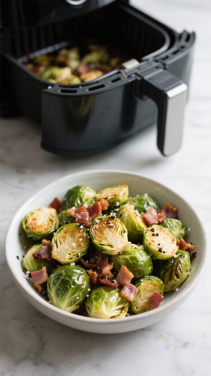 Straight-on air fryer prep-to-finish diptych vibe (single frame feel): foreground bowl of small halved Brussels sprouts lightly coated in olive oil, kosher salt, and black pepper, mixed with finely chopped bacon; background air fryer basket pulled out showing the sprouts just finished—edges crisp, bacon bits rendered, a quick toss in 2 tablespoons balsamic leaves a sticky, slightly syrupy coat; clean countertop, minimal props, crisp modern lighting, focus on texture and simplicity of the air-fried method.