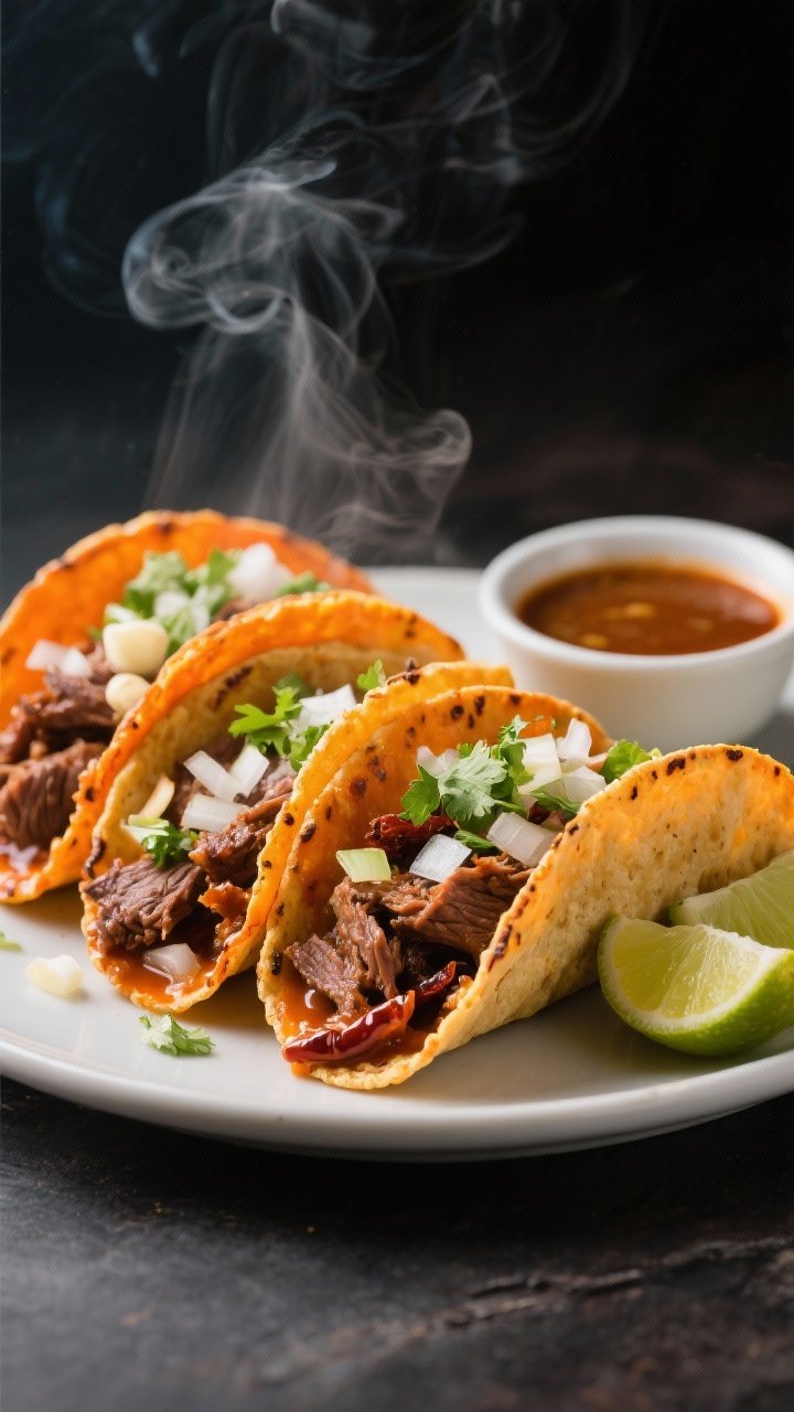 Straight-on birria tacos action shot: crispy orange-edged corn tortillas dipped in consommé and griddled, stuffed with tender shredded beef chuck braised with guajillo and ancho chiles, chipotle in adobo, onions, and garlic; tacos garnished with chopped onion and cilantro, with a small bowl of rich consommé for dipping, lime wedges on the side; dramatic contrast, steam rising.