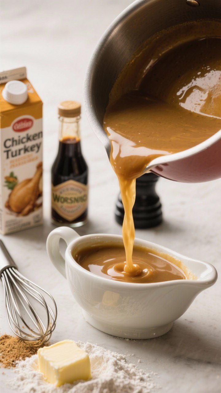 Straight-on close-up of no-fuss gravy being poured: satin-smooth golden-brown gravy streaming from a small saucepan into a ceramic gravy boat; ingredients implied—stick of butter and flour in a roux-coated whisk, carton of chicken/turkey stock, a bottle of soy sauce/Worcestershire, poultry seasoning, and black pepper grinder in soft focus; glossy, velvety texture highlighted.