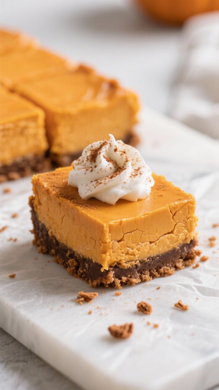 Straight-on close-up of one-bowl pumpkin cheesecake bars with gingersnap crust: neat bars with a deep golden-orange pumpkin cheesecake layer over a dark, crunchy gingersnap base; silky surface with delicate cracks, topped with a dollop of whipped cream and a dusting of cinnamon; crumbs scattered on a parchment-lined board; clean, modern light highlighting creamy texture.