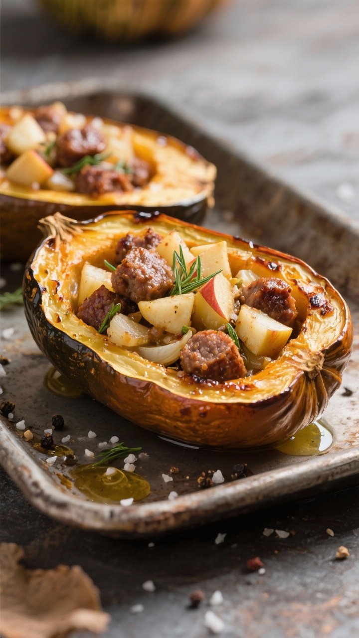 Straight-on cutaway of spiced apple and sausage stuffed acorn squash boats: roasted acorn halves with caramelized edges, filled with browned mild Italian sausage, diced Honeycrisp apple, onion, and herbs; olive oil sheen, kosher salt and black pepper sprinkled; served on a rustic tray.