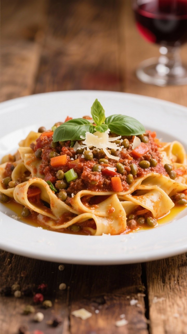 Straight-on, hearty Italian plating of lentil bolognese over wide pappardelle: ribboned pasta piled high and cloaked in a thick, brick-red lentil ragu with visible soffritto (finely diced onion, carrot, celery), garlic, tomato paste, and a sheen from olive oil; optional red wine depth suggested by a small glass in background blur. Garnish with torn basil and micro-grated Parmesan, cracked pepper, set on a warm rustic wood table.