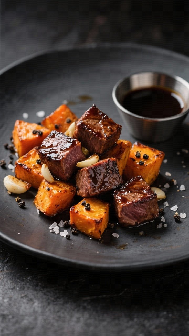 Straight-on plated Balsamic Steak Bites with Sweet Potatoes: juicy seared sirloin cubes glazed with balsamic and garlic, nestled beside roasted sweet potato cubes; coarse black pepper and sea salt crystals visible; served on a matte charcoal plate with a small cup of balsamic reduction; dramatic side lighting to highlight caramelization.