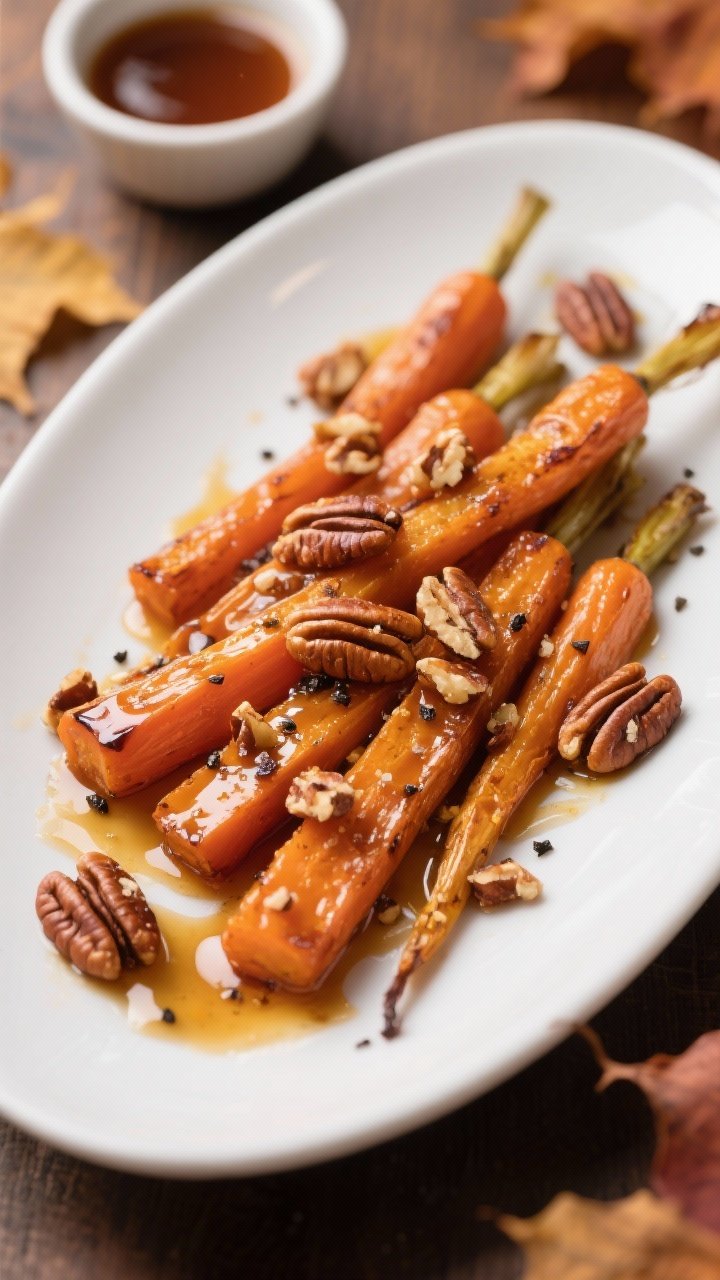 Straight-on plated presentation of maple Dijon roasted carrots with toasted pecans: carrot sticks and coins roasted to blistered edges, lacquered with pure maple syrup, Dijon, olive oil, kosher salt, and black pepper; sprinkled with toasted pecan pieces; served on a long oval white platter with maple glaze drips and a small bowl of extra sauce in background; warm, autumnal styling.