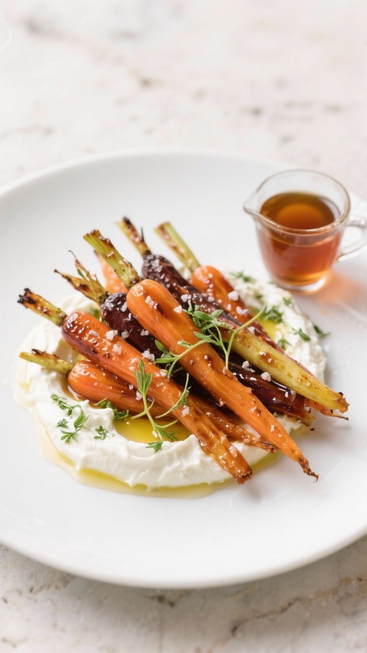 Straight-on plated shot of maple-glazed rainbow baby carrots piled on a smear of herbed labneh: carrots lacquered with maple syrup, olive oil, and apple cider vinegar, lightly blistered tips, flecks of salt; labneh dotted with fine herbs underneath; garnished with delicate carrot tops; clean white plate on a pale stone backdrop with a tiny pitcher of maple syrup in frame.