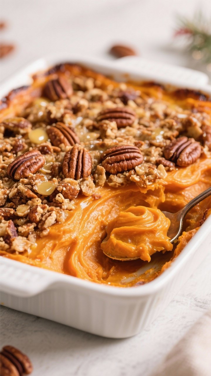 Straight-on plated shot of speedy sweet potato casserole with pecan crunch: silky orange sweet potato layer swirled on top, crowned with a crunchy pecan topping glistening with butter and brown sugar; edges slightly caramelized; served in a white rectangular baking dish with a serving spoon revealing creamy interior; warm holiday tones.