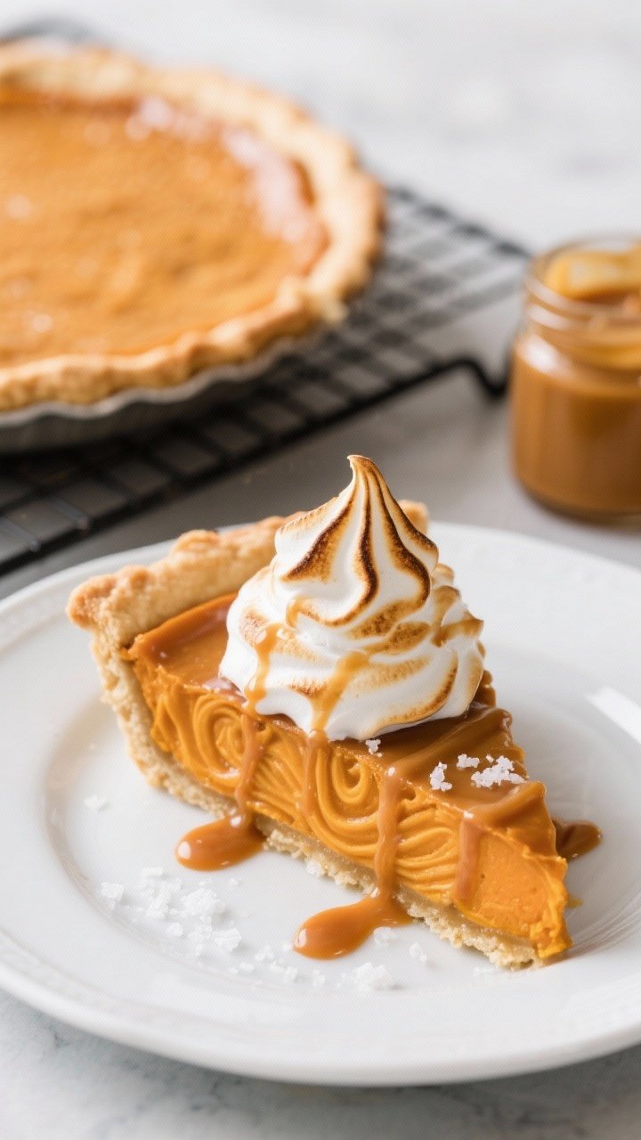 Straight-on plated slice of salted caramel sweet potato pie with toasted marshmallow meringue: smooth orange sweet potato filling with swirls of salted caramel, crowned by tall marshmallow meringue peaks torched to deep golden-brown, extra caramel drizzled over the plate and a pinch of flaky salt; background includes the blind-baked crust pie on a cooling rack and a jar of caramel sauce.