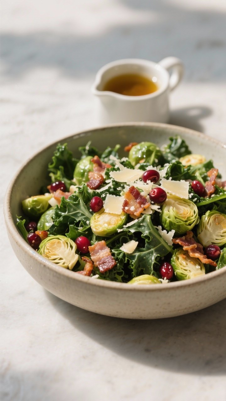 Straight-on salad bowl shot: shaved Brussels sprouts and finely sliced lacinato kale tossed with grated Parmesan and jewel-like dried cranberries, lightly glossed by a warm bacon vinaigrette; visible crisp bacon bits, minced shallot and garlic integrated; served in a large neutral ceramic bowl, with a small pitcher of warm vinaigrette beside it; cool daylight for freshness.