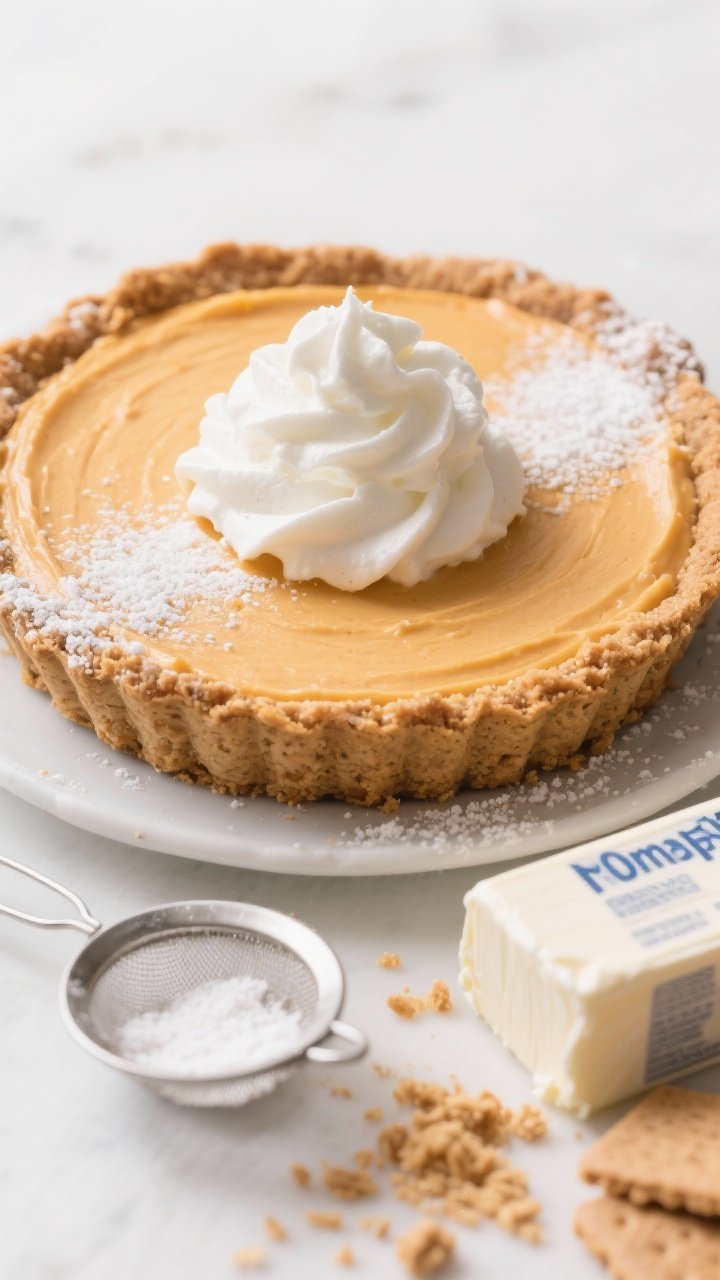 Straight-on shot of a no-bake pumpkin pie in a graham cracker crust, styled as a make-ahead dessert. The crust (graham cracker crumbs, brown sugar, melted butter, pinch of salt) is neatly packed and buttery; the filling is a smooth, pale-orange pumpkin–cream cheese mixture sweetened with powdered sugar, set high with soft peaks. Topped with a cloud-like mound of whipped cream and a light dusting of powdered sugar. In the foreground: a block of softened cream cheese wrapper, a sieve with powdered sugar, and graham crumbs scattered for texture. Bright, airy lighting to convey ease and freshness.