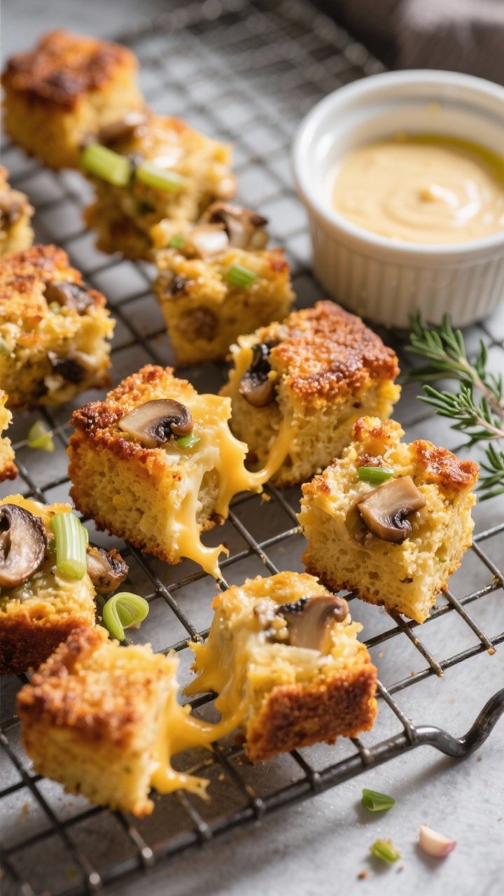Straight-on shot of extra-crispy cornbread stuffing bites arranged on a wire rack: bite-sized golden cubes bound with finely chopped mushrooms, thin leeks, minced garlic, and melted Gruyère, exteriors deeply crisp and craggy, cheese visibly bubbled and bronzed at the edges; a small ramekin of creamy dipping sauce to the side, scattered thyme leaves, and a light olive oil sheen; dramatic side light to emphasize crunchy texture and gooey cheese pull on a few split bites.