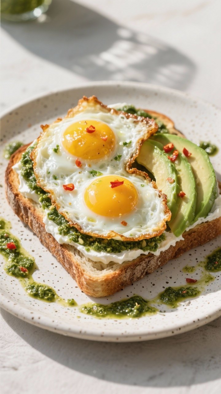 Straight-on shot of pesto eggs breakfast on toast: two sunny-side eggs fried in aromatic basil pesto with lacy, crispy edges, layered over a thick slice of toasted sourdough smeared with whipped ricotta; topped with chili crisp and fanned avocado slices; served on a speckled plate with a drizzle of extra pesto, bright morning light.