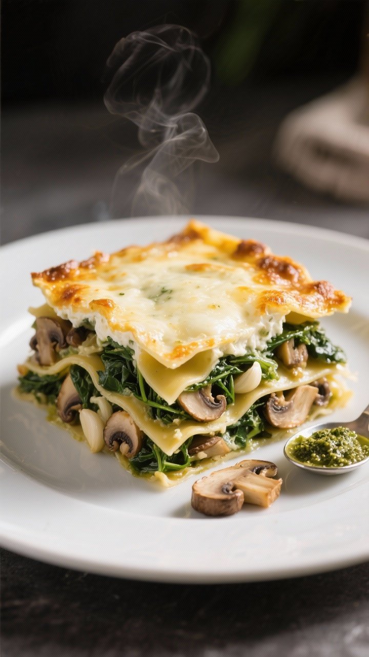 Straight-on slice reveal of mushroom and spinach lasagna with ricotta pesto: layered no-boil noodles, creamy ricotta blended with pesto, sautéed mixed mushrooms (cremini, shiitake, oyster) and garlic, wilted spinach, bubbling mozzarella and golden edges on top. One plated square with visible strata, a spoon of pesto and a few sautéed mushroom slices on the side, gentle backlight to show steam and texture.