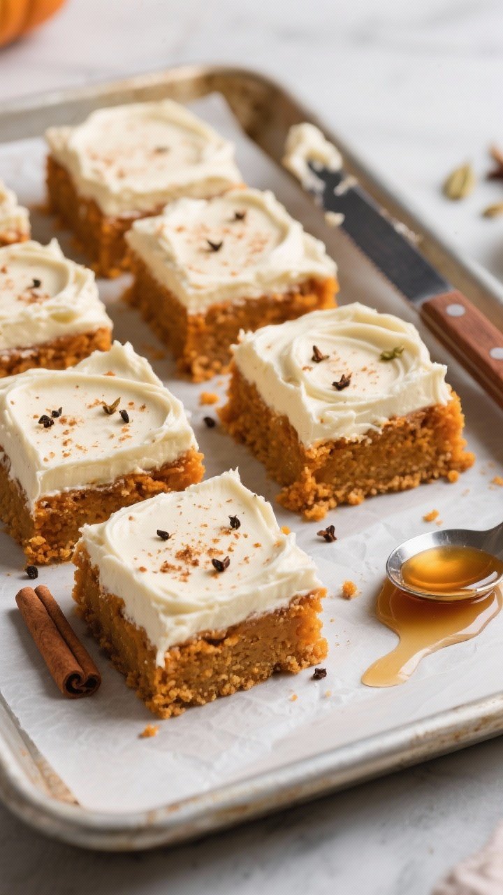 Straight-on tray of chai-spiced pumpkin bars with maple cream cheese frosting: neat squares topped with thick, swoopy frosting, speckled with cinnamon, ginger, cardamom, cloves, and a hint of black pepper; a knife with frosting swipes rests nearby, maple syrup drips on a spoon, warm orange bar crumb visible on cut edges; set on a parchment-lined sheet pan.