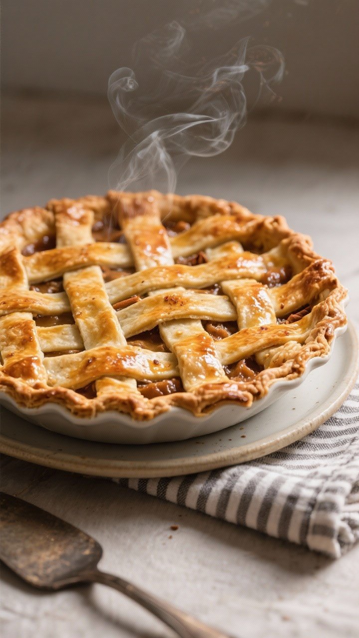 Beauty shot finale: Three-quarter angle of the whole finished pie on a simple ceramic pie dish, latt