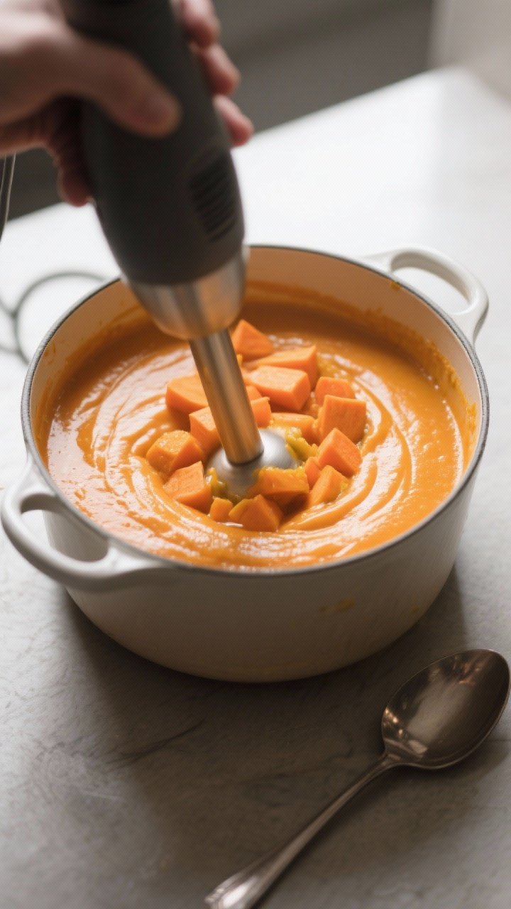 Blending to silky — immersion blender action: Overhead, mid-action shot of the cooked sweet potato